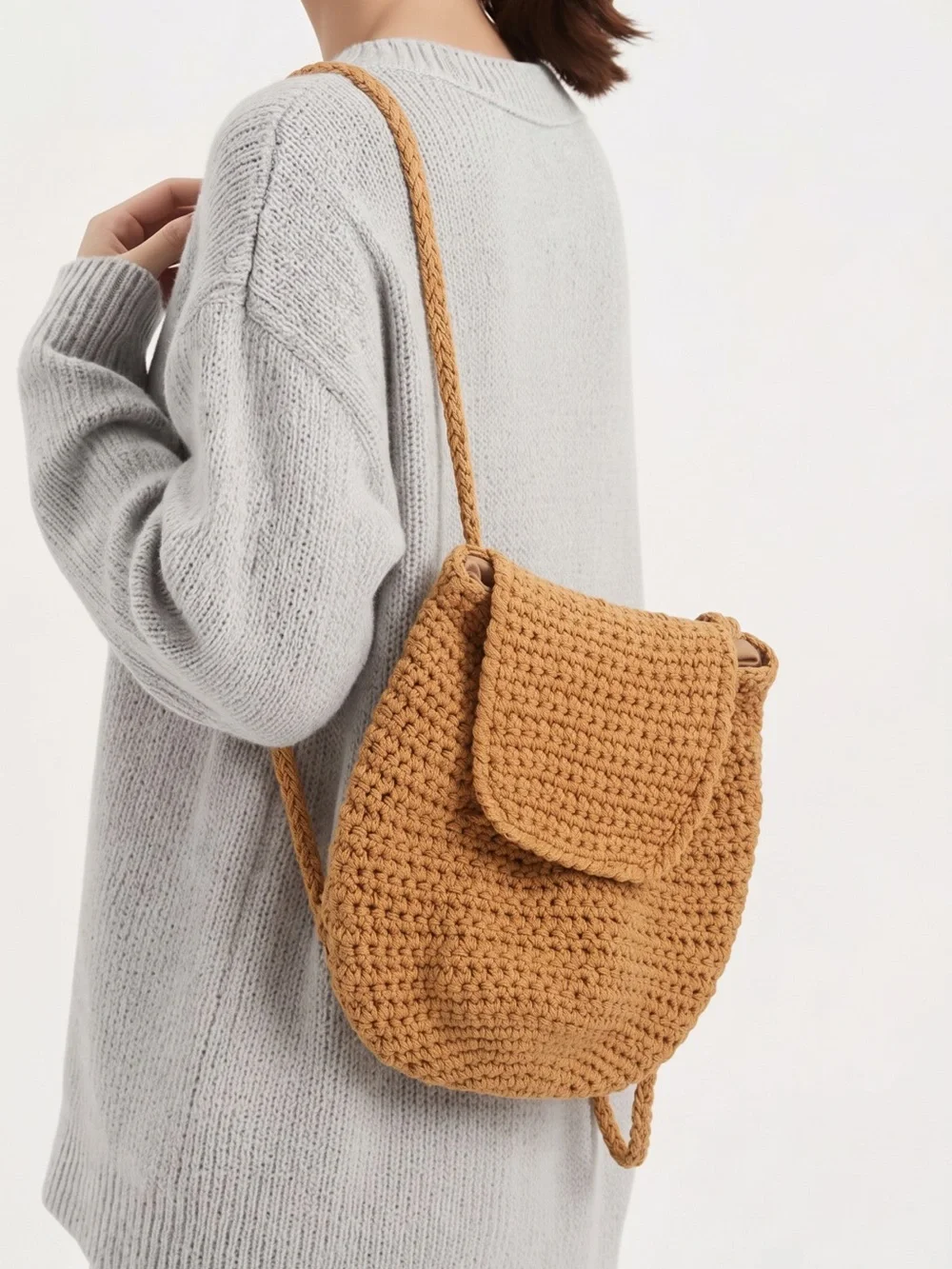 Handcrafted Camel Crochet Backpack with Flap